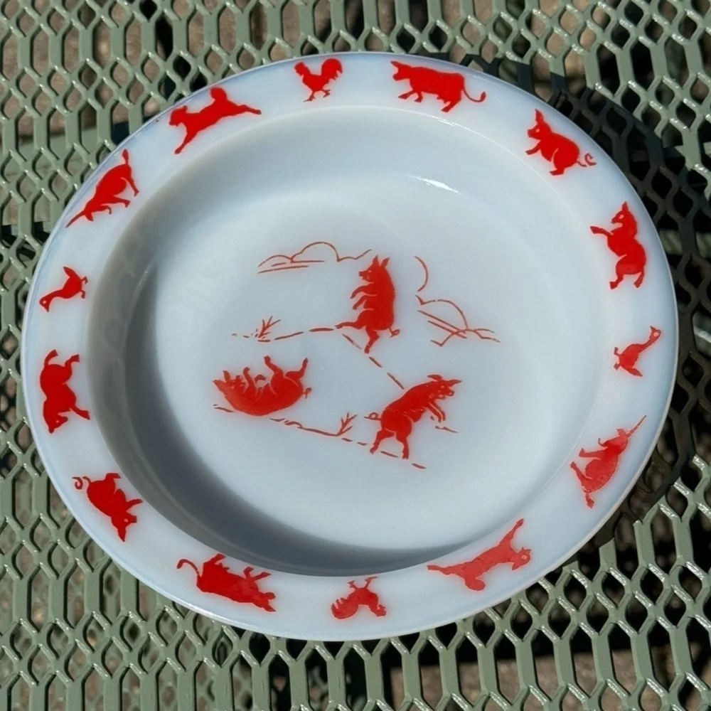 Vintage~Hazel Atlas~3 Little Pigs~Childs Soup Bowl~W/Red Nursery Animals~G13**